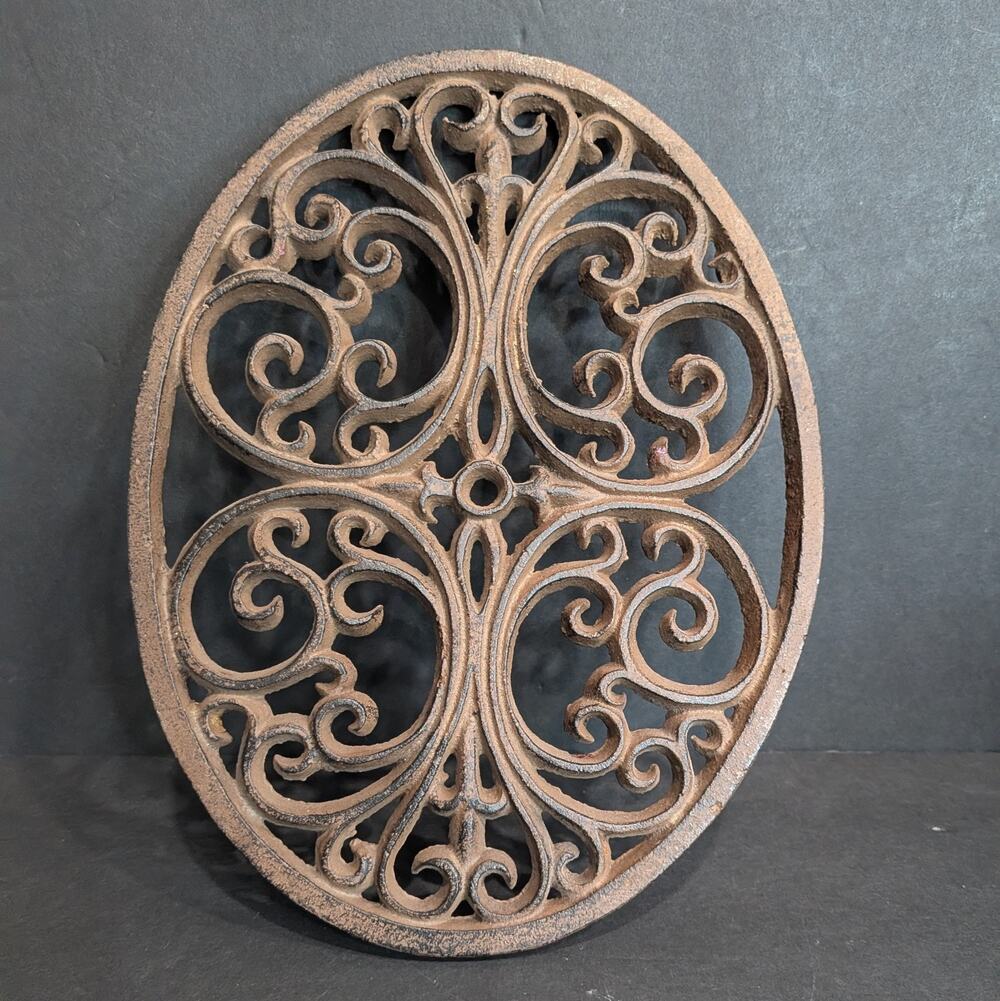 Vintage Cast Iron Trivet Oval Scroll Filigree Rustic Farmhouse Wall Decor 10x8